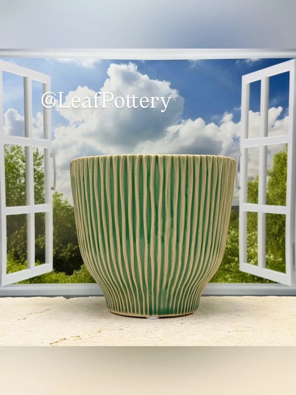 Boho Green Ribbed Ceramic Planter with Drainage Hole | Fluted Plant Pot